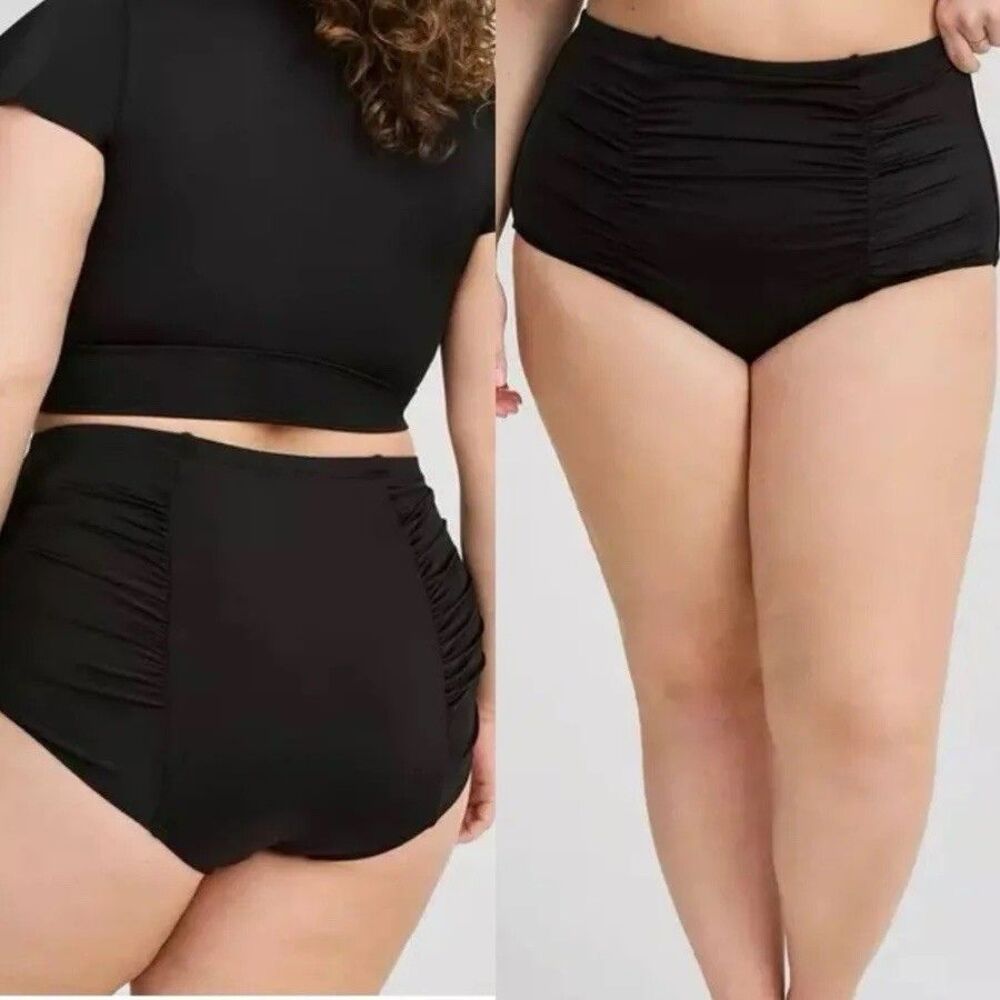 Torrid Plus Size High Waist Ruched Bikini Swim Tankini Bottom 5X (5) Black NWT